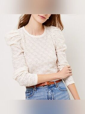 Loft Lace Pleated Puff Sleeve Top Dainty Cream Long Sleeve Blouse Womens Medium